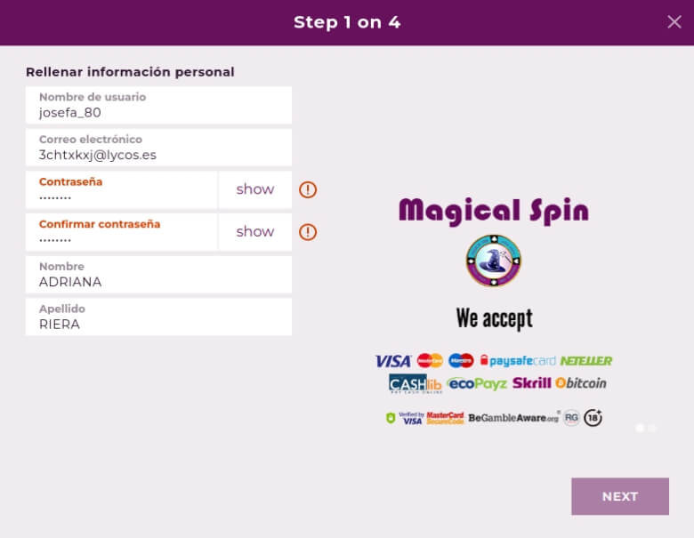 Registrar una cuenta en Magical Spin Casino - Paso 1