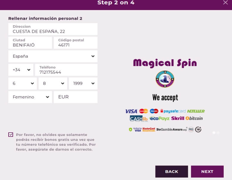Registrar una cuenta en Magical Spin Casino - Paso 2
