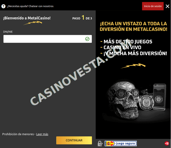 Registrar una cuenta en Metal Casino - Paso 1