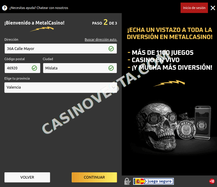 Registrar una cuenta en Metal Casino - Paso 3