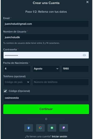 Registrar una cuenta en Stake Casino - Paso 1 Registrar una cuenta en Stake Casino - Paso 1