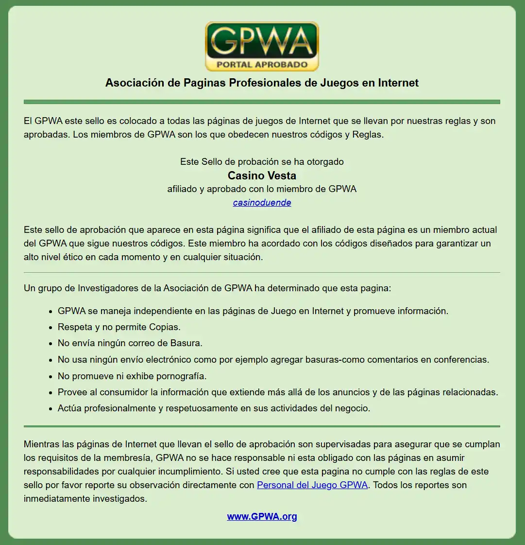 Casino Vesta está confirmado por el emblema de la Gambling Portal Webmasters Association (GPWA)
