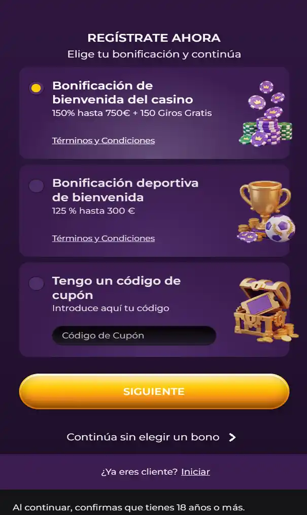 Registrar una cuenta en Spinimax Casino - Paso 1