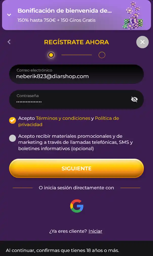 Registrar una cuenta en Spinimax Casino - Paso 2