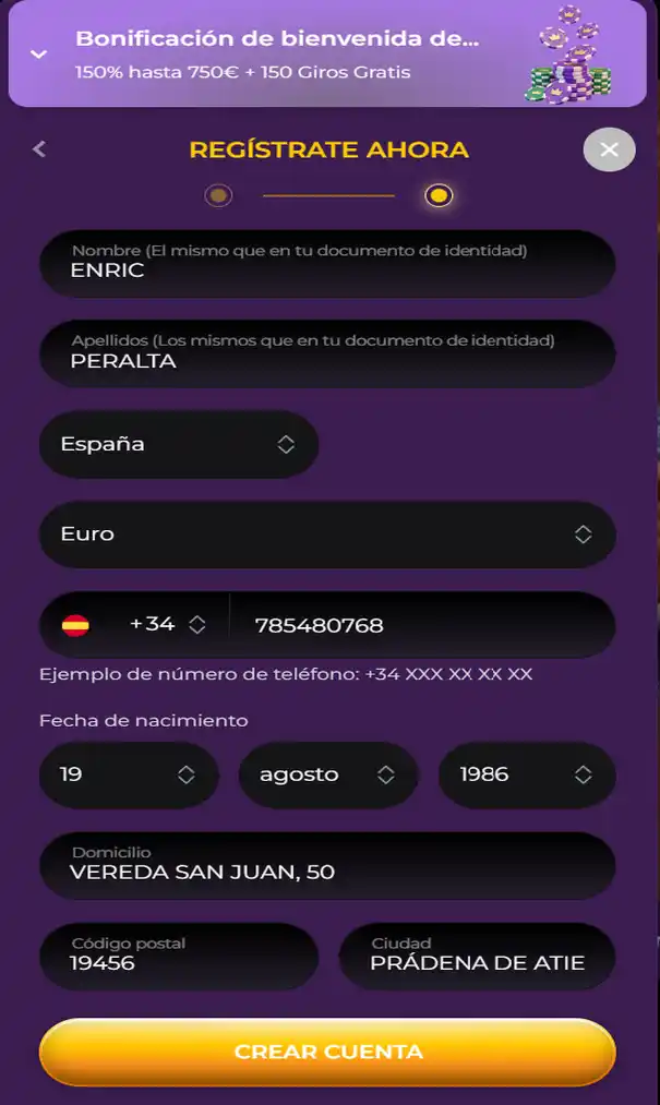 Registrar una cuenta en Spinimax Casino - Paso 3